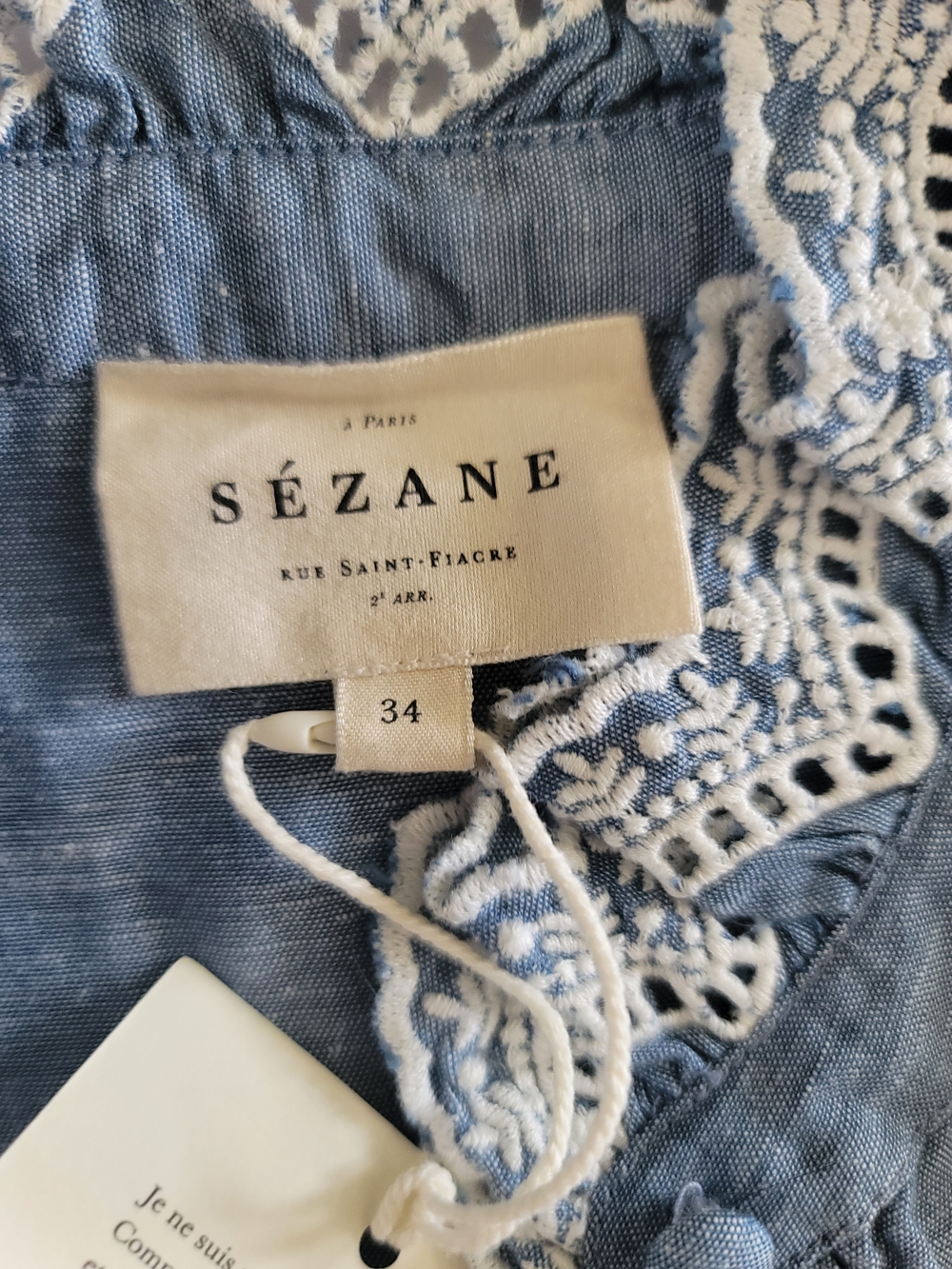 Sezane Chlo Shirt in Chambray Blue, Size 2, Embroidery Trim, French Romantic - Picture 5 of 11